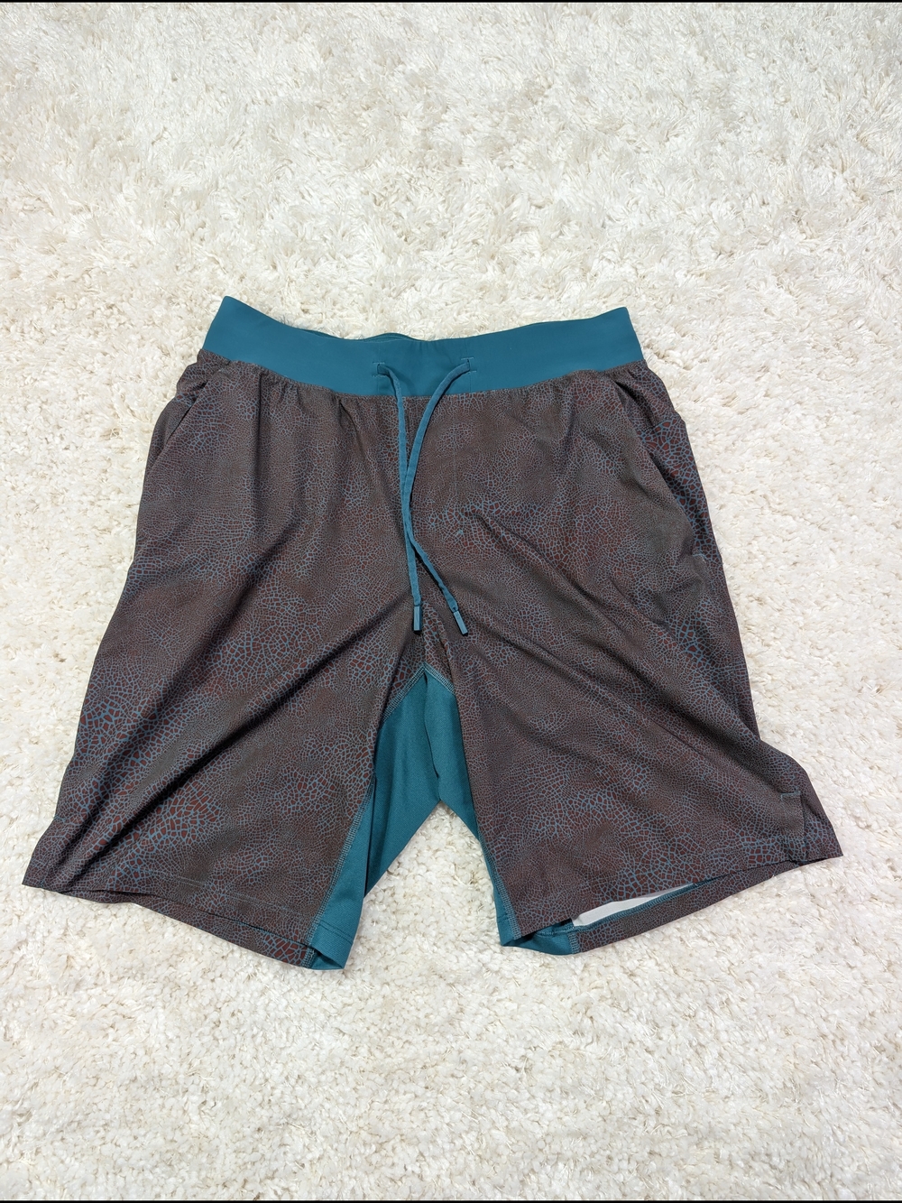 lululemon athletica Teal Waist Brown Patterned Men's Athletic Shorts